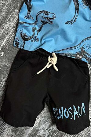 Erkek Çocuk Dinosaur Yazı ve Görsel Baskılı Suprem Mavi Tişört Şortlu Takım