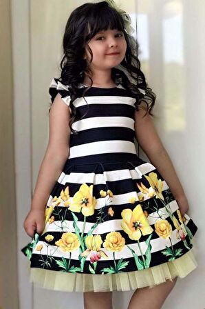 Kız Çocuk Omuzu Fırfırlı Sıfır Kol Eteği Şerit ve Çiçek Detaylı Tüllü Elbise