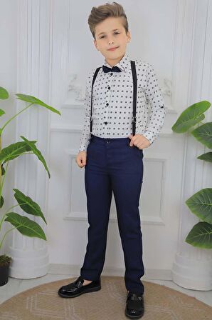 Erkek Çocuk Desenli Gömlek, Papyon ve Askılı Lacivert Pantolon Alt Üst Takım