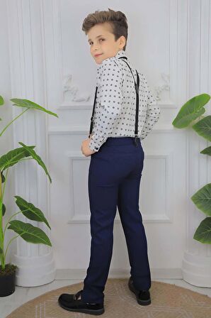 Erkek Çocuk Desenli Gömlek, Papyon ve Askılı Lacivert Pantolon Alt Üst Takım