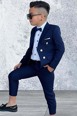 Erkek Çocuk Düğme Detaylı Blazer Ceket Papyon Hediyeli Lacivert Takım elbise