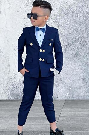 Erkek Çocuk Düğme Detaylı Blazer Ceket Papyon Hediyeli Lacivert Takım elbise