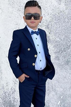 Erkek Çocuk Düğme Detaylı Blazer Ceket Papyon Hediyeli Lacivert Takım elbise