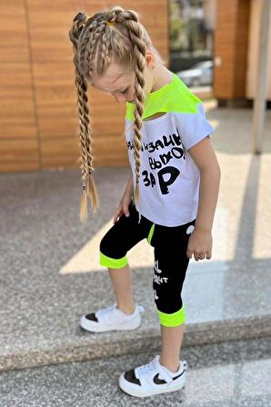 Kız Çocuk Yazı Baskılı Neon Sarı Kapri Şortlu Takım