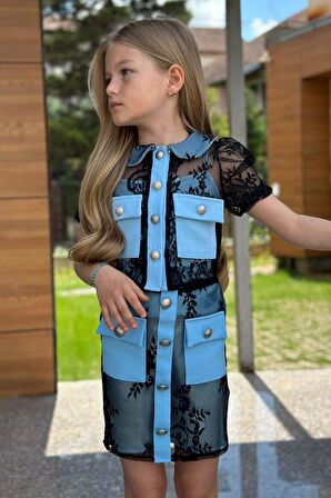 Kız Çocuk Transparan Dantel İşlemeli İçi Astarlı Cep Detaylı Mavi Etekli Takım