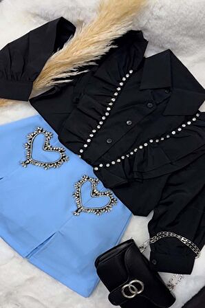 Kız Çocuk Taş İşlemeli Fırfırlı Mavi Etekli Takım