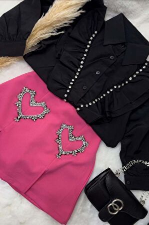 Kız Çocuk Taş İşlemeli Fırfırlı Pembe Etekli Takım