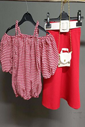 Kız Çocuk Kare Desenli Düşük Omuzlu Kırmızı Etekli Takım