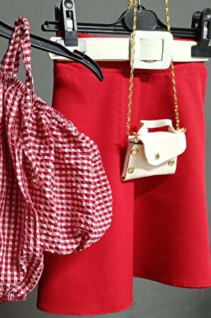 Kız Çocuk Kare Desenli Düşük Omuzlu Kırmızı Etekli Takım