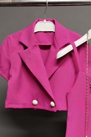 Kız Çocuk Düğme Detaylı Blazer Ceket ve Taşlı Kalp İşlemeli Fuşya Elbise