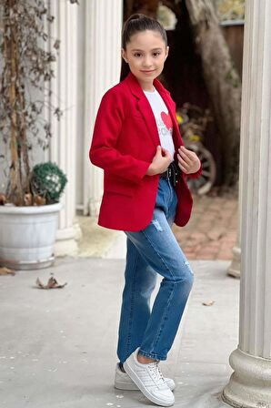 Kız Çocuk Kalp ve Little Baskılı Tişört ve Jean Kırmızı Blazer Ceket Alt Üst Takım