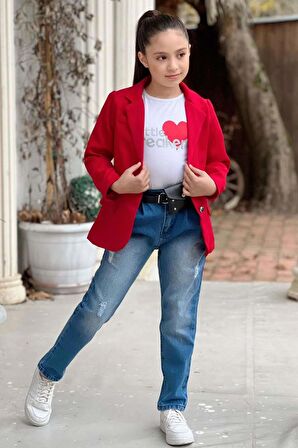 Kız Çocuk Kalp ve Little Baskılı Tişört ve Jean Kırmızı Blazer Ceket Alt Üst Takım