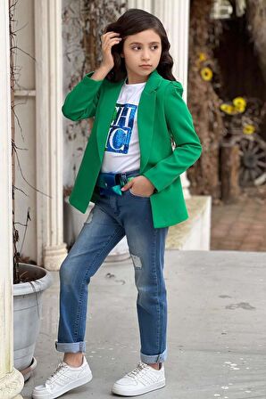 Kız Çocuk Üzeri Harf Pulpayet Tişört ve Jean Yeşil Blazer Ceket Alt Üst Takım