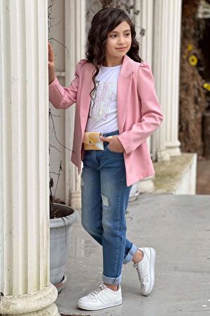 Kız Çocuk Üzeri Harf Pulpayet Tişört ve Jean Pudra Blazer Ceket Alt Üst Takım