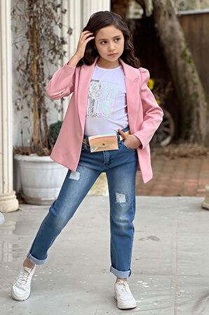Kız Çocuk Üzeri Harf Pulpayet Tişört ve Jean Pudra Blazer Ceket Alt Üst Takım