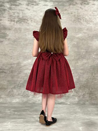 Kız Çocuk Omzu Fırfırlı Parıldayan Bordo Elbise