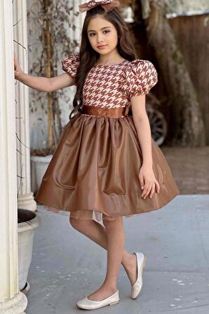 Kız Çocuk Balon Kollu Kazayağı Desenli Deri Etekli Tül Detaylı Taba Elbise