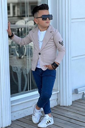 Erkek Çocuk Armalı Blazer Ceket ve Uzun Kollu Düğmeli Tişört Krem Alt Üst Takım
