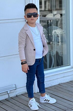 Erkek Çocuk Armalı Blazer Ceket ve Uzun Kollu Düğmeli Tişört Krem Alt Üst Takım