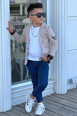 Erkek Çocuk Armalı Blazer Ceket ve Uzun Kollu Düğmeli Tişört Krem Alt Üst Takım