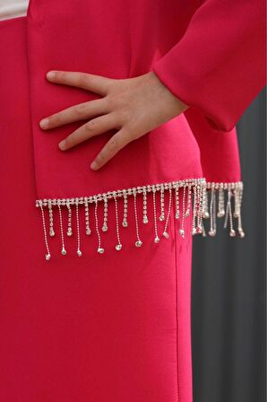 Kız Çocuk Dökümlü Kristal Taş Detaylı Fuşya Etekli Takım