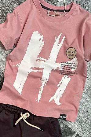 Erkek Çocuk Hi Yazı Baskılı Kısa Kollu Pudra Şortlu Takım