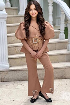 Kız Çocuk Fermuar ve Kemer Detaylı Kruvaze Yaka Bej Alt Üst Takım