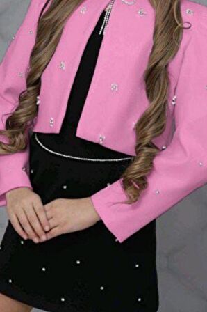 Kız Çocuk Üzeri Taş İşlemeli Etek Askılı Penye Bluz ve Pembe Blazer Ceket Etekli Takım