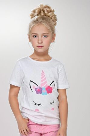 Kız Çocuk Unicorn Baskılı Tişört Boncuk İşlemeli Pembe Pantolon Alt Üst Takım