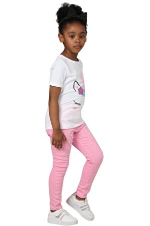 Kız Çocuk Unicorn Baskılı Tişört Boncuk İşlemeli Pembe Pantolon Alt Üst Takım
