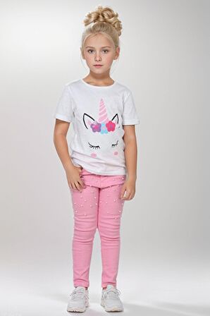 Kız Çocuk Unicorn Baskılı Tişört Boncuk İşlemeli Pembe Pantolon Alt Üst Takım
