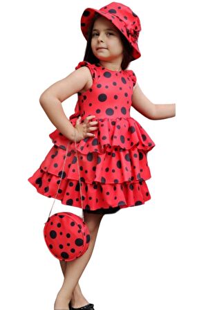 Kız Çocuk Kat Kat Fırfırlı Etek Ucu Tüllü Üzeri Üzeri Benekli Kırmızı Elbise