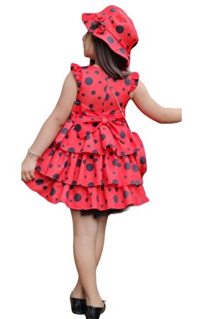 Kız Çocuk Kat Kat Fırfırlı Etek Ucu Tüllü Üzeri Üzeri Benekli Kırmızı Elbise