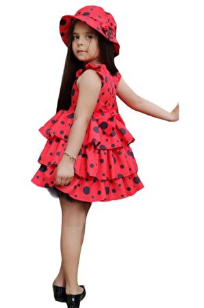 Kız Çocuk Kat Kat Fırfırlı Etek Ucu Tüllü Üzeri Üzeri Benekli Kırmızı Elbise