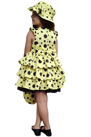 Kız Çocuk Kat Kat Fırfırlı Etek Ucu Tüllü Üzeri Üzeri Benekli Sarı Elbise