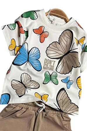 Kız Çocuk Kelebek Desenli Kısa Kollu Kahverengi Şortlu Takım