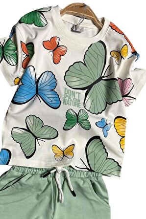 Kız Çocuk Kelebek Desenli Kısa Kollu Yeşil Şortlu Takım