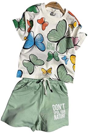 Kız Çocuk Kelebek Desenli Kısa Kollu Yeşil Şortlu Takım