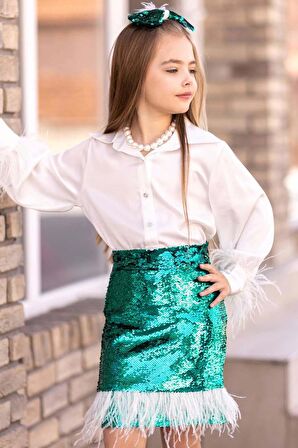 Kız Çocuk Kol Uçları ve Etek Uçu Kırçıllı Pulpaytet Detaylı Yeşil Etekli Takım