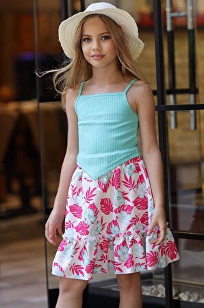 Kız Çocuk Kaşkorse Crop ve Dijital Baskılı Fuşya Etekli Takım