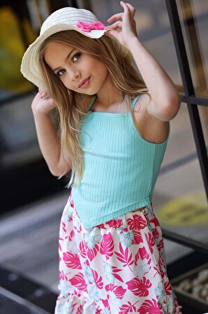 Kız Çocuk Kaşkorse Crop ve Dijital Baskılı Fuşya Etekli Takım