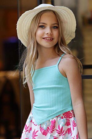 Kız Çocuk Kaşkorse Crop ve Dijital Baskılı Fuşya Etekli Takım