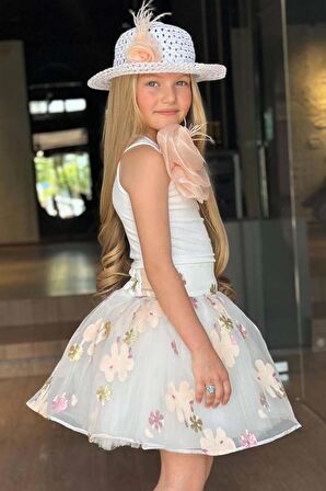 Kız Çocuk Tek Omuzlu Gül Detaylı Bluz ve Jakar Desenli Somon Etekli Takım