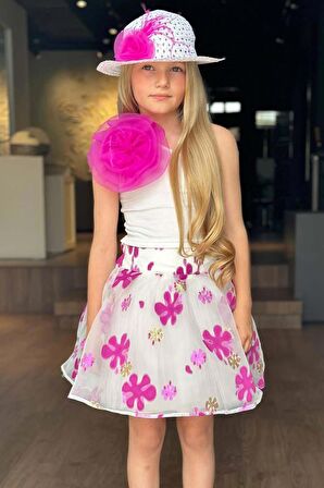 Kız Çocuk Tek Omuzlu Gül Detaylı Bluz ve Jakar Desenli Fuşya Etekli Takım