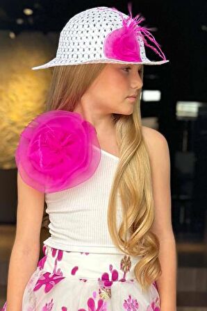 Kız Çocuk Tek Omuzlu Gül Detaylı Bluz ve Jakar Desenli Fuşya Etekli Takım