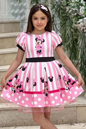 Kız Çocuk Minnie Baskılı Çizgi Detaylı Tüllü Pembe Elbise