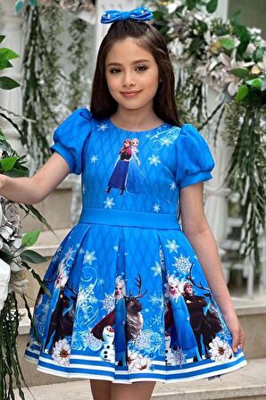 Kız Çocuk Karlar Prensesi Elsa Baskılı Mavi Elbise