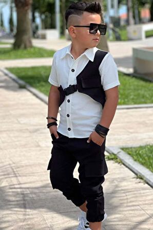 Erkek Çocuk Boydan Düğmeli Gömlek  ve Kargo Cepli Siyah Alt Üst Takım