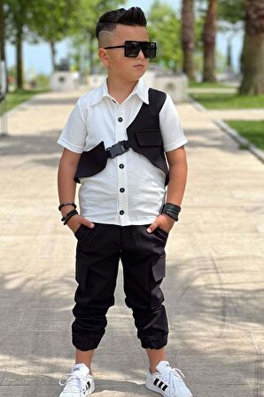 Erkek Çocuk Boydan Düğmeli Gömlek  ve Kargo Cepli Siyah Alt Üst Takım