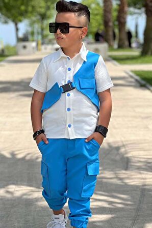 Erkek Çocuk Boydan Düğmeli Gömlek  ve Kargo Cepli Mavi Alt Üst Takım